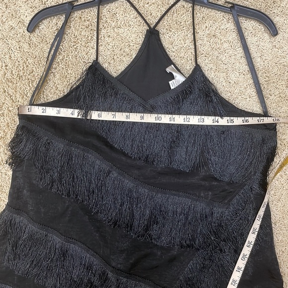 JOA Fringe & Satin Black Asymmetrical Racerback Halter Top Edgy Moto Sexy Size M - Picture 9 of 12